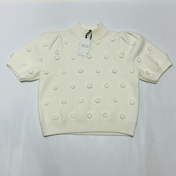 NWT English Factory Ivory White Floral Pompom Short Sleeve Knit Sweater Top Sz L - Picture 5 of 13